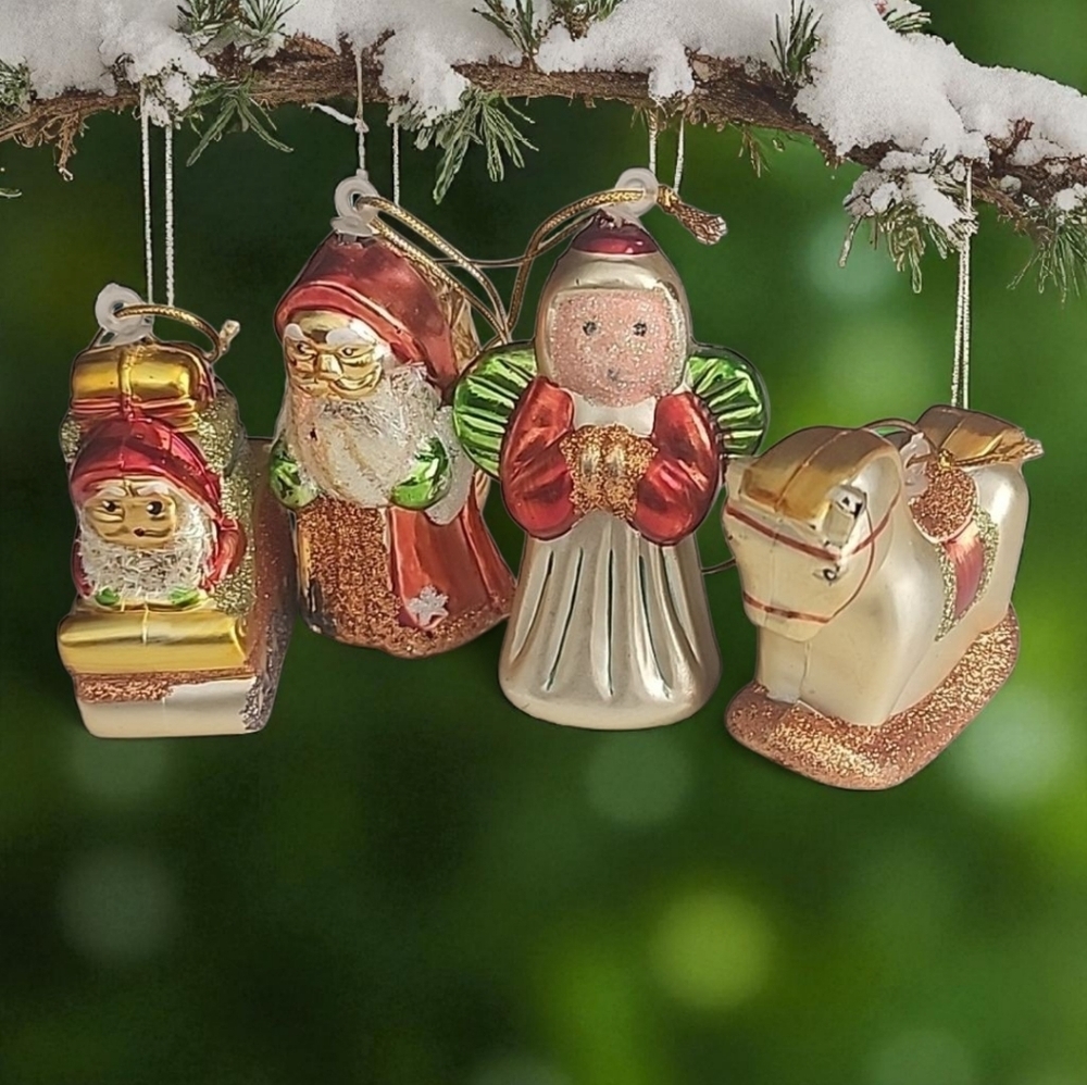 Vintage Christmas Mini Ornament Set Santa Angel Sleigh Rocking Horse Retro Decor - Picture 2 of 12
